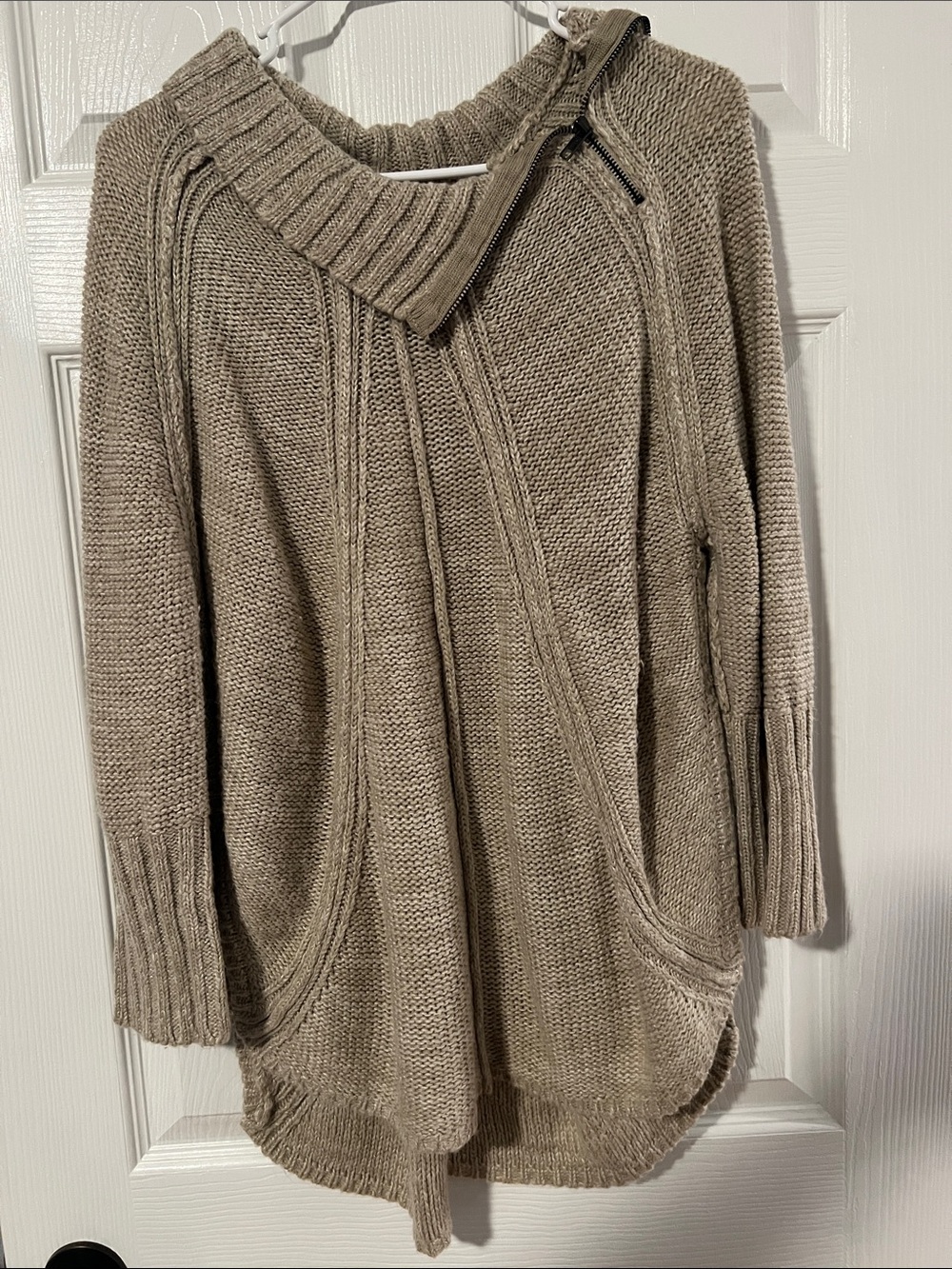 Maurices Taupe Knit Asymmetric Zip Cowl Sweater